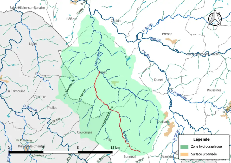Le Vavret (en rouge) et la zone hydrographique dans laquelle il s'insère.