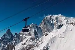 Vue d'une cabine avec le mont Blanc en arrière-plan.
