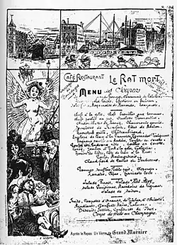 Menu du café-restaurant "Rat mort" à Paris. C'est de là qu'est venu l'idée du Cercle Coecilia de commencer le Bal du Rat mort à Ostende.