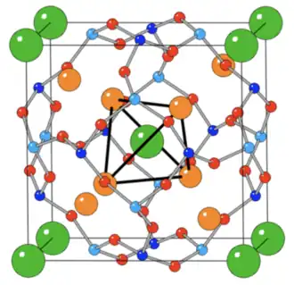 Figure 5 : Structure de la sodalite. Les couleurs bleu, cyan, orange, rouge et vert correspondent respectivement aux atomes de Si, Al, Na, O et Cl. Le tétraèdre des atomes de Na est mis en évidence par des bords noirs et représente la cage β. Réimprimé avec la permission de {Inorg. Chem. 2017, 56, 1, 414–423}, Copyright {2017} American Chemical Society