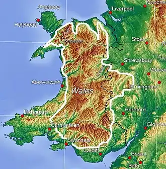 Carte de l'extension des monts Cambriens selon la définition large.