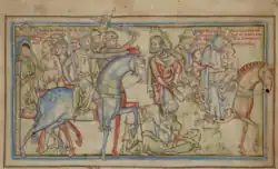 Un dessin à l'encre noire, partiellement coloré en rouge, vert et bleu. À gauche, scènes de guerre : on aperçoit des prisonniers ligotés derrière un homme à cheval, portant une cotte de mailles et une couronne, qui brandit une épée. Devant lui, deux hommes lui tendent leur bourse sous la contrainte. À droite, une femme montée sur un cheval s'éloigne. Elle est vêtue d'une robe avec un voile et porte aussi une couronne. Son cheval porte également deux jeunes enfants.