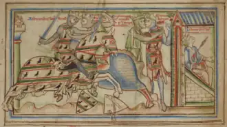 Un dessin à l'encre noire, partiellement coloré en rouge, vert et bleu. À gauche, deux cavaliers vêtus de cottes de mailles et portant des couronnes s'affrontent, épées au clair. Au centre, les deux mêmes individus, debout, échangent un baiser. À droite, à l'intérieur d'un bâtiment, l'un des deux hommes, assis, est transpercé d'une lance.