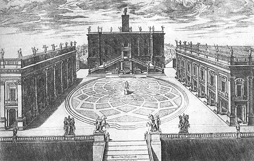 Piazza del Campidoglio, de Michel-Ange, sur le Capitole (1538-1546). Gravure de 1568.