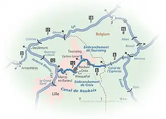 Carte du canal de Roubaix et de ses liaisons.