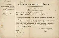 Action du Canal du Midi de 500 francs, émise à Paris le 10 juillet 1810 au nom du quartier-maître du 1er&nbsp;régiment de cuirassiers Monsieur Sterlin. Fondée le 10 mars 1810 par Napoléon Bonaparte au capital de 10 millions de francs, divisé en 1000 actions de 10.000 francs chacune, avec un dividende annuel fixe de 500 francs.