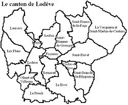 Carte en noir et blanc des limites des communes composant le canton de Lodève.