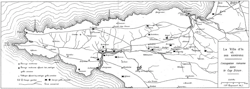 Les implantations romaines dans le cap Sizun (carte de Charles Armand Picquenard).