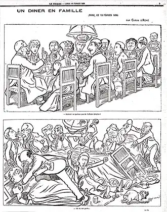 Un dîner en famille, dessin de Caran d'Ache dans le Figaro du 14 février 1898.