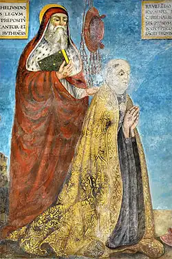 personnage vêtu d'un grand manteau doré et brodé, agenouillé les mains jointes et présenté par un saint cardinal