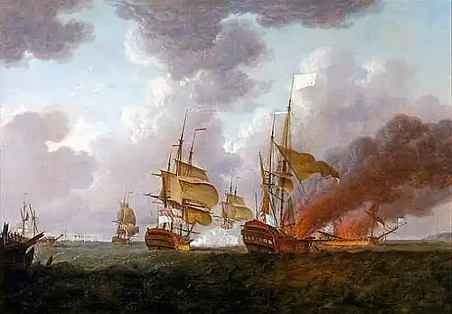 Tableau d'une bataille navale au XVIIIe siècle.