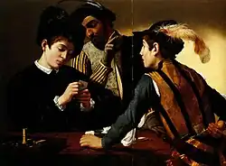 Les Tricheurs du Caravage montre  un certain nombre de petits repentirs typiques, qui modifient la position de la figure de droite.