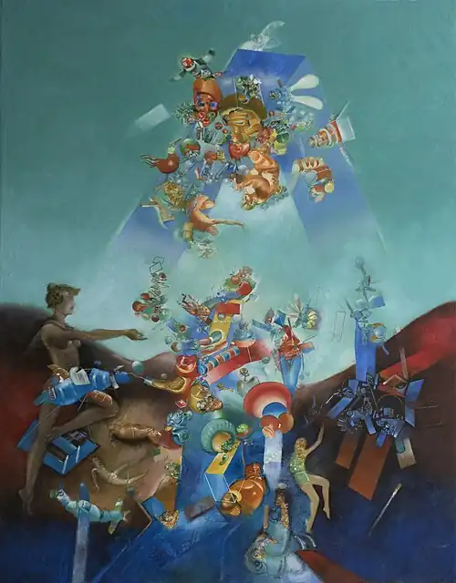 Façade du jeu intérieur dans la joie du ciel, huile sur toile 146x114cm