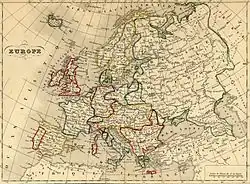 L’Europe en 1843 : la Circassie est mentionnée au nord du Caucase.