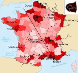 Carte démographique de la France, montrant les densités de population par département et faisant figurer la « diagonale du vide » et la ligne Le Havre-Marseille.