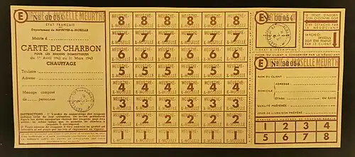 Tickets de rationnement de charbon pour la Meurthe-et-Moselle (Archives municipales de Nancy).