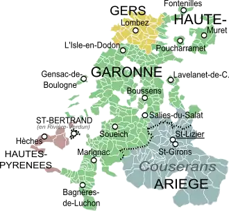 Le comté de Comminges (en vert) au milieu du XVe siècle.