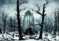 Cimetière d'un cloître sous la neige, par C.D. Friedrich,  1819, huile sur toile, œuvre disparue en 1945.