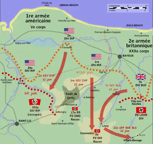 Schéma de la brèche de Caumont et l'avancée faite par les forces anglo-américaines, telles que décrites dans le texte