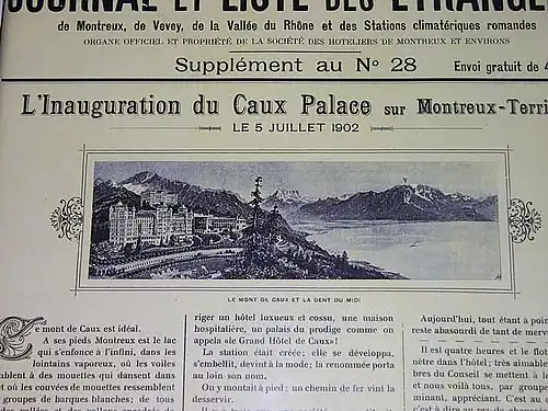 Une reproduction de la une d'un journal professionnel suisse relatant l'ouverture du Caux-Palace en 1902.