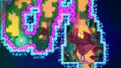 Un niveau à dominantes bleu clair et rose, où des pics de cristaux sont contre les murs.