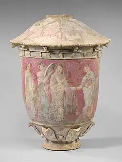 Mariée et servantes. Vase funéraire. Centuripe IIIe – IIe siècle. H. 39 cm. Décor polychrome peint après cuisson. Met