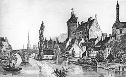 Gravure représentant la Mayenne à Laval, avec le château en évidence.