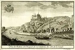Vue du château de Chokier et ses environs du côté de la Meuse, par Remacle Le Loup (1738)