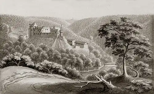 Le château de Reinhardstein (vu depuis le flanc sud de la vallée de la Warche) (1738).