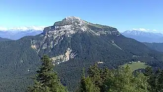Vue de Chamechaude depuis l'oratoire d'Orgeval sur le Charmant Som ; la partie rocheuse dans la forêt est le Grand Ravin.