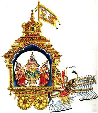 Chandra sur son char tiré par dix chevaux blancs.