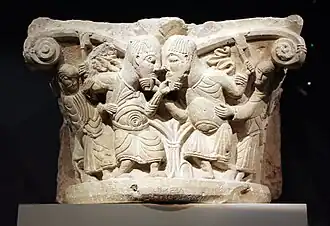 Chapiteau de la dispute, XIe&nbsp;siècle, musée Sainte-Croix de Poitiers.