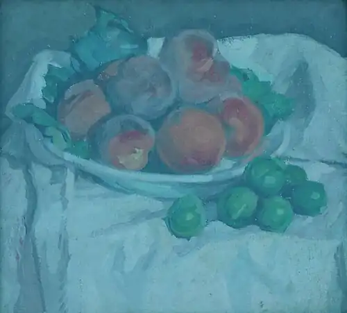 Charles Bichet (attribué à), « Compotier aux pêches », sans date, huile sur toile, 31,5x34 cm. Collection privée.