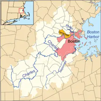 Carte des bassins versants des cours d'eau Charles, Mystic et Neponset
