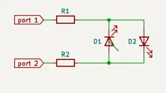 Exemple d'utilisation de la technique du Charlieplexing avec 2 ports et 2 LEDs