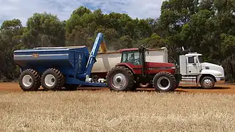 Pour les récoltes, l'utilisation d'un transbordeur bien chaussé sur le champ permet d'éviter la compaction qu'occasionneraient des camions routiers ou des bennes ordinaires.