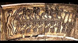 Trois joueurs de carnyx sur le chaudron de Gundestrup, musée national du Danemark.