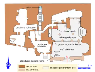 Plan en couleurs d'un réseau de cavités troglodytiques.