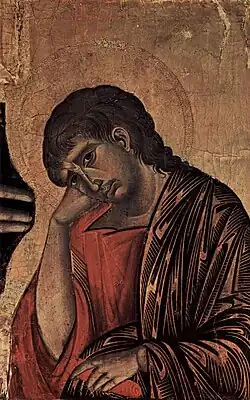 Saint Jean : détail du Crucifix d'Arezzo. Cimabue entre 1268 et 1271.