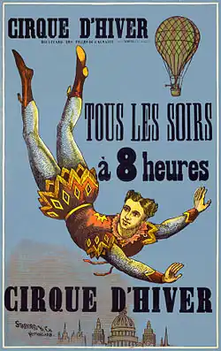 Affiche d'un comédien en chute libre. Il y est écrit « Cirque d'hiver. Tous les soirs à 8 heures ».