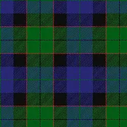 Clan Fergusson of Balquhidder : bandes vertes chargées d'un filet bleu et délimitées d'un filet rouge, bandes bleues chargées d'un filet vert.