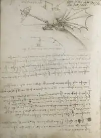 Page du Codex, montrant une représentation d'une machine volante