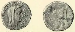 Monnaie de Jules César en pontifex maximus avec légende CAESAR DICT PERPETVO. Au revers : P SEPELLIVS MACER, avec Vénus debout à gauche, tenant une victoire et un sceptre ; au pied du sceptre, un bouclier (Crawford, Roman Republican Coinage, 480/12).
