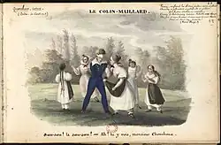 Aquarelle représentant un groupe d'enfants jouant à colin-maillard, avec un groupe de filles tournant autour d'un garçon aux yeux bandés dans un champ.