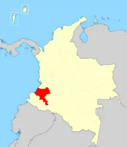 Carte des limites administratives de Colombie. Le pays est en blanc sur fond bleu de la mer et pays voisins grisés. Le département de Cauca est en rouge.