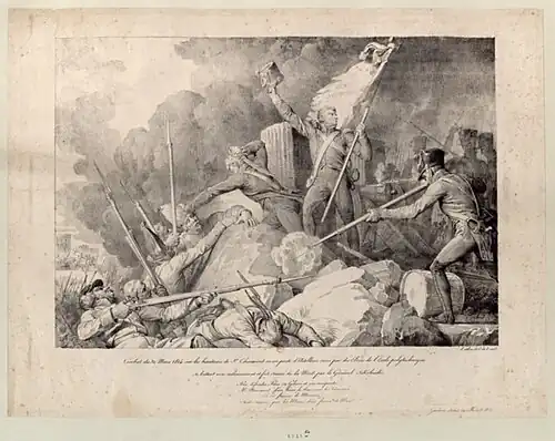 Combat du 30 mars 1814, sur les hauteurs de Saint Chaumont où un poste d'artillerie servi par des Élèves de l'École polytechnique se bat avec acharnement avec le général Sokolnicki