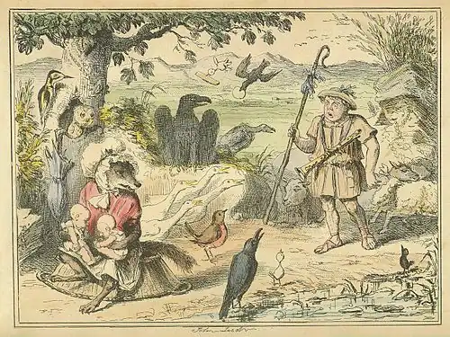 Histoire de Rome en bande dessinée, tableau 01, avec la louve et Picus le pivert au-dessus, John Leech (vers 1850).