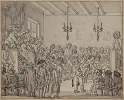 Assemblée de révolutionnaires paraissant agitée entre deux tribunes.