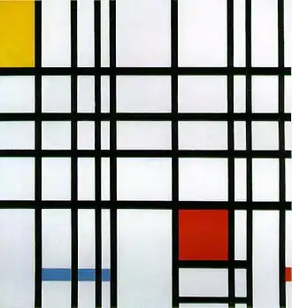 Composition avec jaune, bleu et rouge, Piet Mondrian, 1937–1942, huile sur toile, 72,7&nbsp;×&nbsp;69,2&nbsp;cm, Londres, Tate Modern.