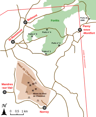 Carte localisant les travaux miniers et les villages.